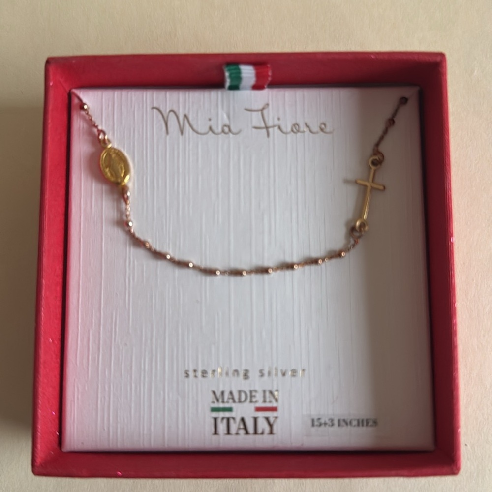 MIA FIORE 2-Tone Gold Plated Sterling Silver Rosary Medallion Cross Necklace NIB
